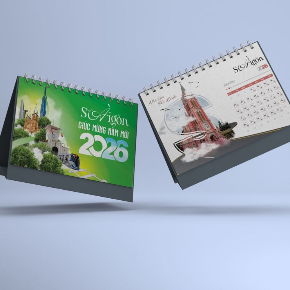 in lịch để bàn màu xanh